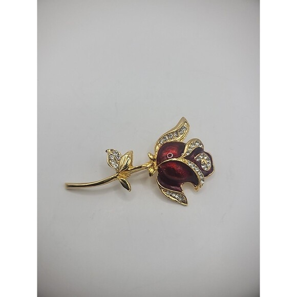 Vintage Brooch Pin Rose Flower Gold Tone Crystals Jewelry Costume - Picture 13 of 15